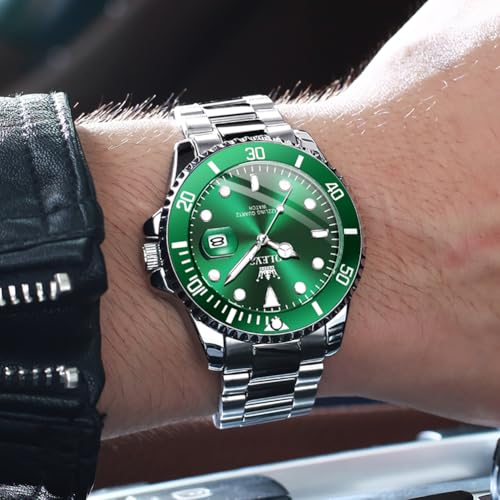 Image of OLEVS Watches for Men with Date Luxury Big Face Waterproof Mens Wristwatch Analog Dress Two Tone Stainless Steel Man Watch Luminous Relojes De Hombre Calendar(Green /Blue /Black Dial