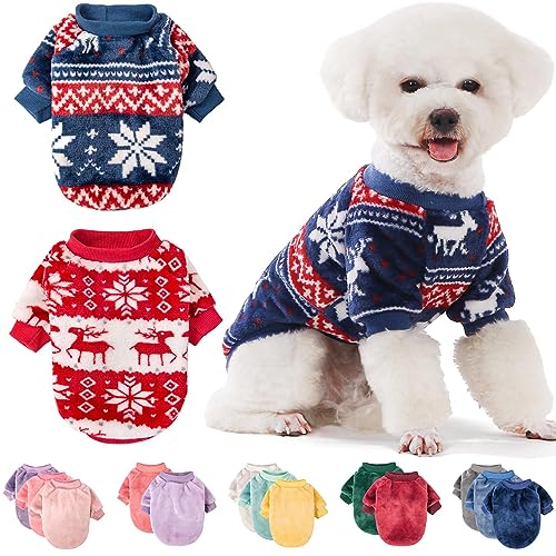 Image of FabriCastle Christmas Dog Sweater, 2-Pack Dog Clothes, Ultra Soft and Warm Pet Jackets for Small Dogs & Cats, Winter Pet Apparel Costumes, Puppy Outfits (Red,Blue, X-Large)