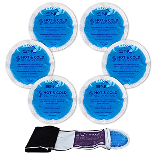Image of SNL Quality Hot & Ice Packs [6 Gel Packs], Reusable, Round, Soft Fabric Backing, for Breastfeeding, Pain Relief, First Aid - Includes: Wrap Sleeve for Hands-Free Application, Storage Bag