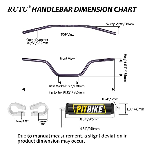 Image of Handlebars 7 /8 inch with Foam Pad,RUTU Dirt Bike Handle Bar Mid-Rise Motorcycle Handlebar Universal for Mini Bike Pit Bike Motocross ATV Quad (Titanium, Mid Rise Handlebar)