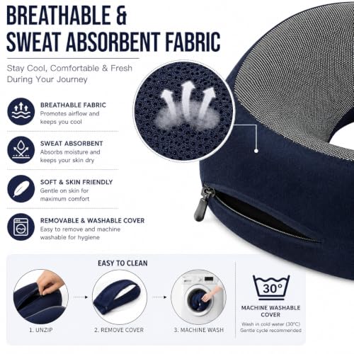Image of Zollyss Memory Foam Travel Neck Pillow, U Shape Neck Pillow for Travel, Airplane, Car & Office, Soft Neck Support Pillow with Adjustable Lock and Washable Cover, Navy Blue