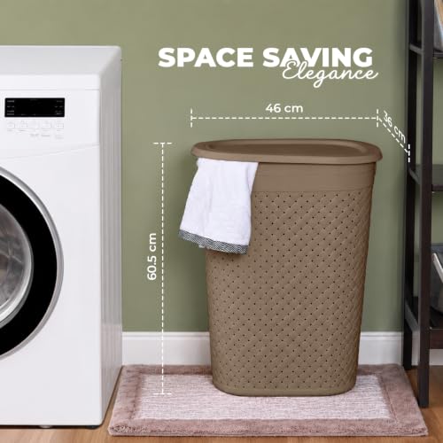 Image of KOLORR Stitch Laundry Basket 55L Woven Design Plastic Laundry Basket with Lid - Durable Organizer for Clothes, Towels, Laundry & Home Storage Pack of 1 With Lids - Light Brown