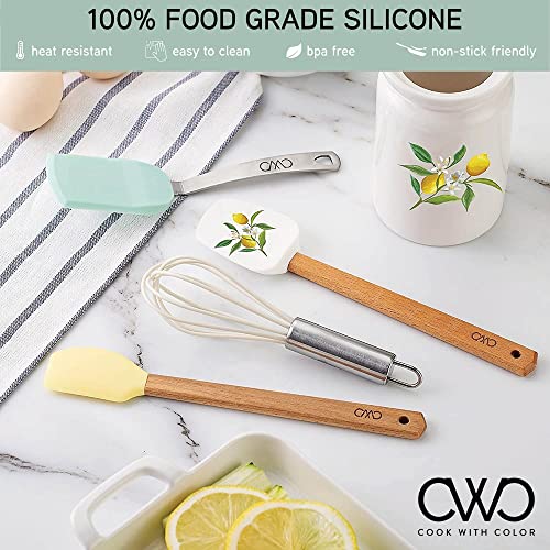 Cook With Color 5 Piece Mini Cooking Utensil Set With Holder, Silicone Kitchen Tools And Gadgets With Wooden Handles, Whisk, Spoonula, Spatula, Turner & Holder (Lemon Collection) #TOP1
