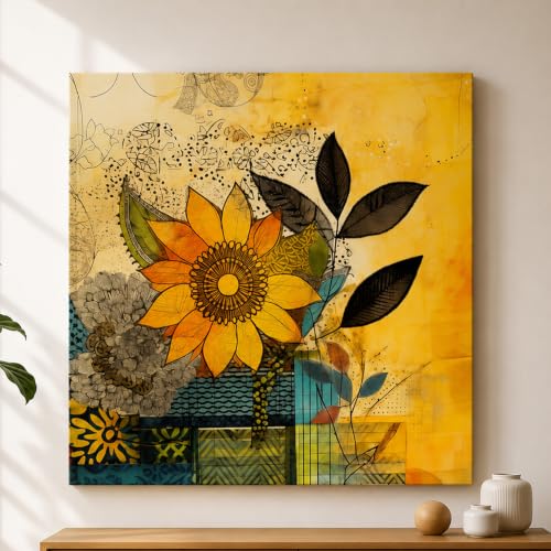 Image of PAINTINGMANTRA Abstract Floral Artwork Stretched Canvas Painting for Living Room | Colorful Flower Canvas Wall Decor Art For Livingroom, Bedroom, Office, Hallways - 34x34 Inch