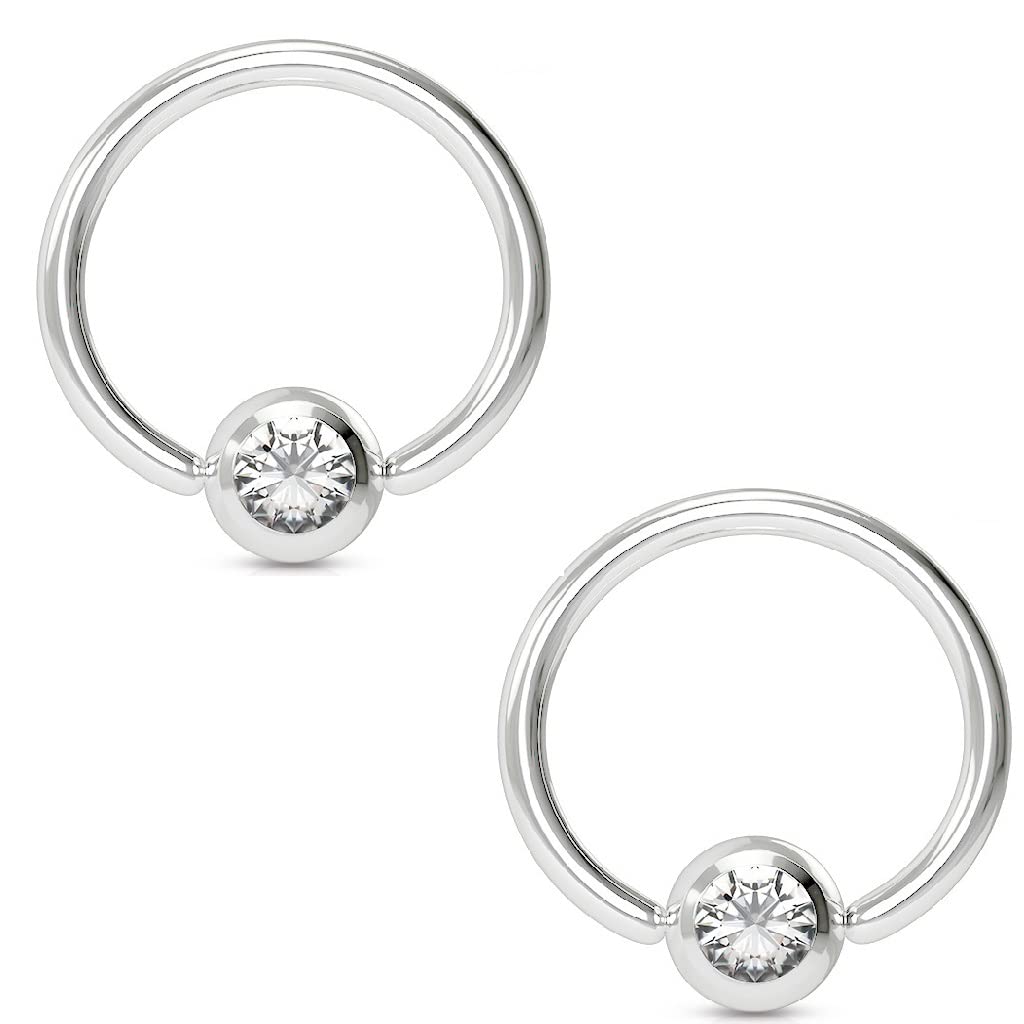 PiercedOff316L Surgical Steel BCR with Clear CZ Gem - Thickness 16GA (1.2mm) / Diameter 10mm / Dimpled Ball Size 4mm - Sold as a Pack of 2 BCR's, Cubic Zirconia