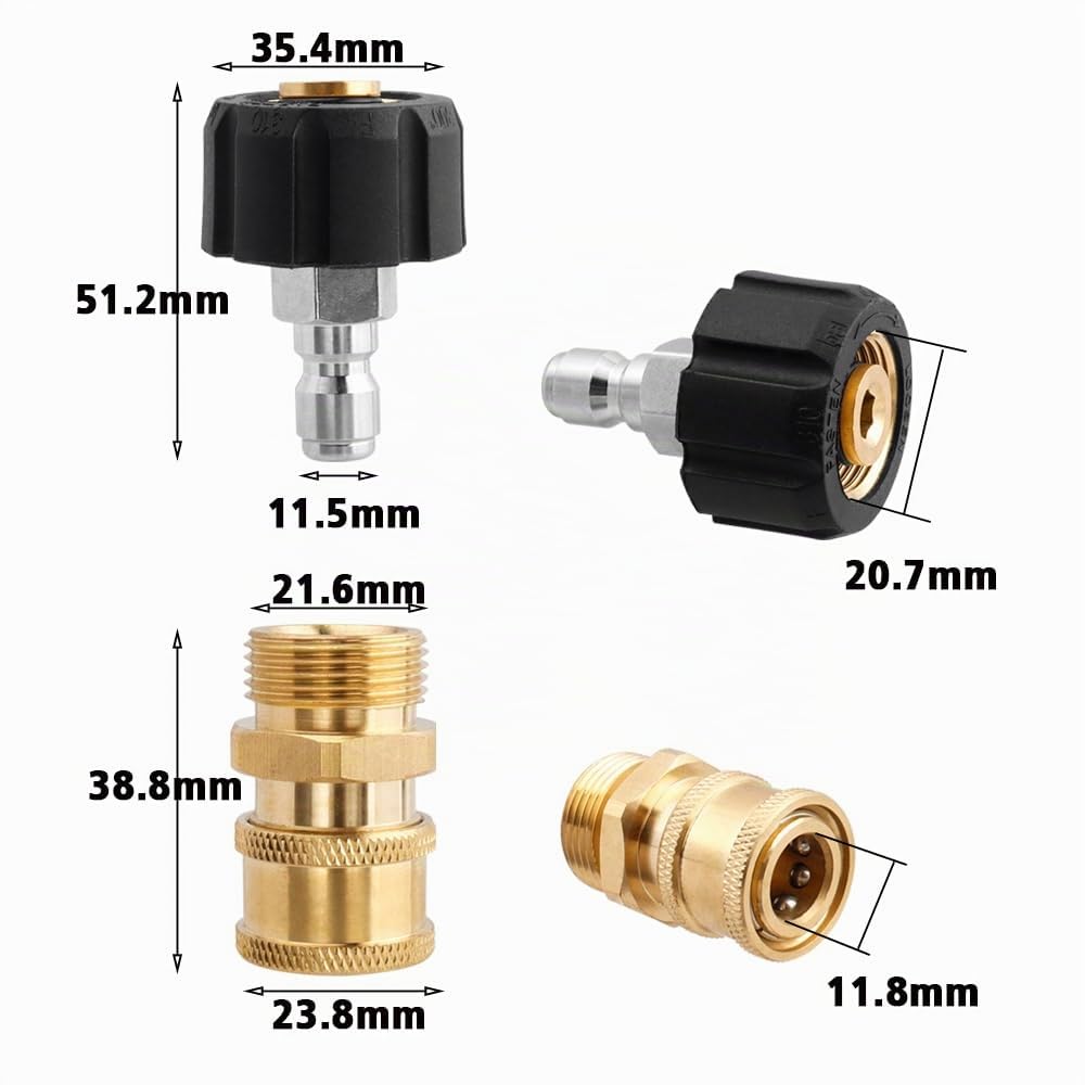 Kit de Adaptadores de Lavadora a Presión M22 14 mm, Acoplamiento Rápido de Latón de 1/4", Acopladores para Limpiadoras a Presión, M22 a 1/4 '', Conector Rápido Alta Presion, 5000PSI