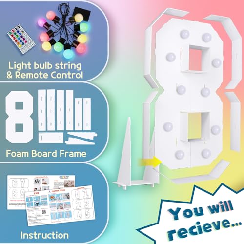 Image of Imprsv Colorful 4FT Marquee Numbers 8, 18 Colors Large Light up Numbers | RGB with Remote, Birthday Party Decorations Anniversary Wedding Decorations Assembly Required 23 Pcs Accessory Set