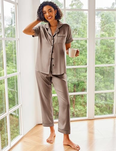 Image of Ekouaer 2 Piece Satin Short Sleeve Pajamas Set Button Down Sleepwear | Soft Pjs Set Classic Loungewear for Wedding, Party, Home, Daily Wear, Date Nights