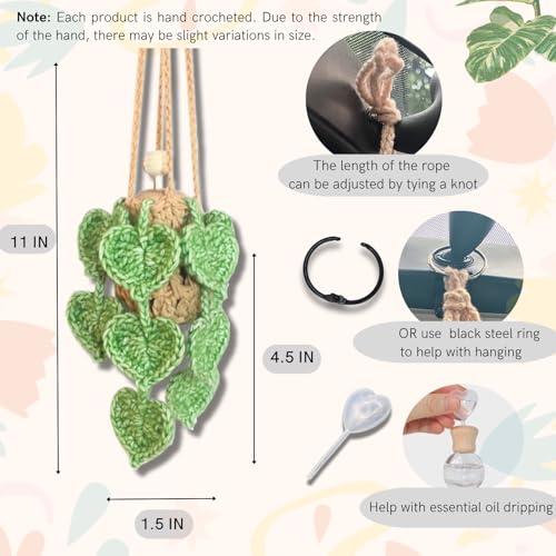 Image of ROFIGL Handmade Crochet Hanging Car Air Freshener- Lifelike Green Pothos for Hanging with 12ml Thick Refillable Glass Diffuser Bottle, Suitable Decor for Car Rearview Mirror, Home & Wellness Spaces