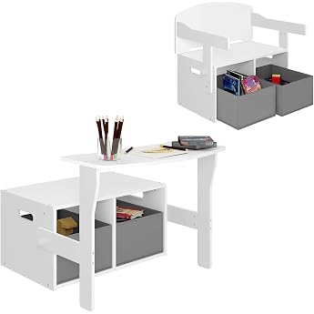 Lestarain Children's Table with Bench Children's Seating Set with Storage Space 2-in-1 Children's Furniture Children's Chest Bench with Storage Boxes for Children's Room Playroom White + Grey