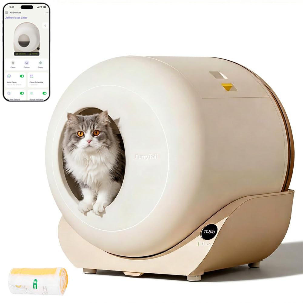 FurryTail Self-Cleaning Litter Box with App Control, Automatic Cat Litter Box for Multiple Cats, Advanced Odor Control, Spacious Interior & Large Waste Bin, Includes 40 Litter Bags