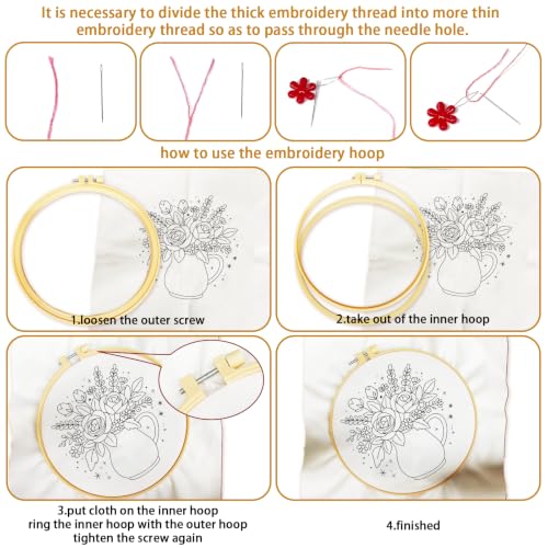 Image of BEUNITONE 4 Set Embroidery Kits for Beginners, Flower Arrangement Design with Pre-Stamped Pattern Craft Kits Include Instruction and Hoops, 7.9x7.9 Needlepoint Kits for Festival Gifts and Home Decor