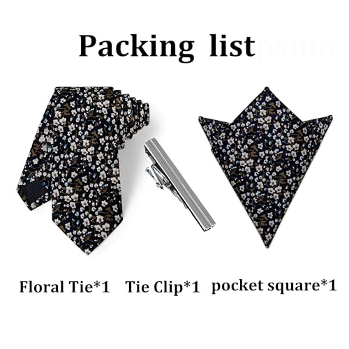 Image of YourTies Cotton Floral Tie for Men 2.5 inch Printed Skinny Necktie Pocket Square Tie Clip Set Flower Wedding Party Groom