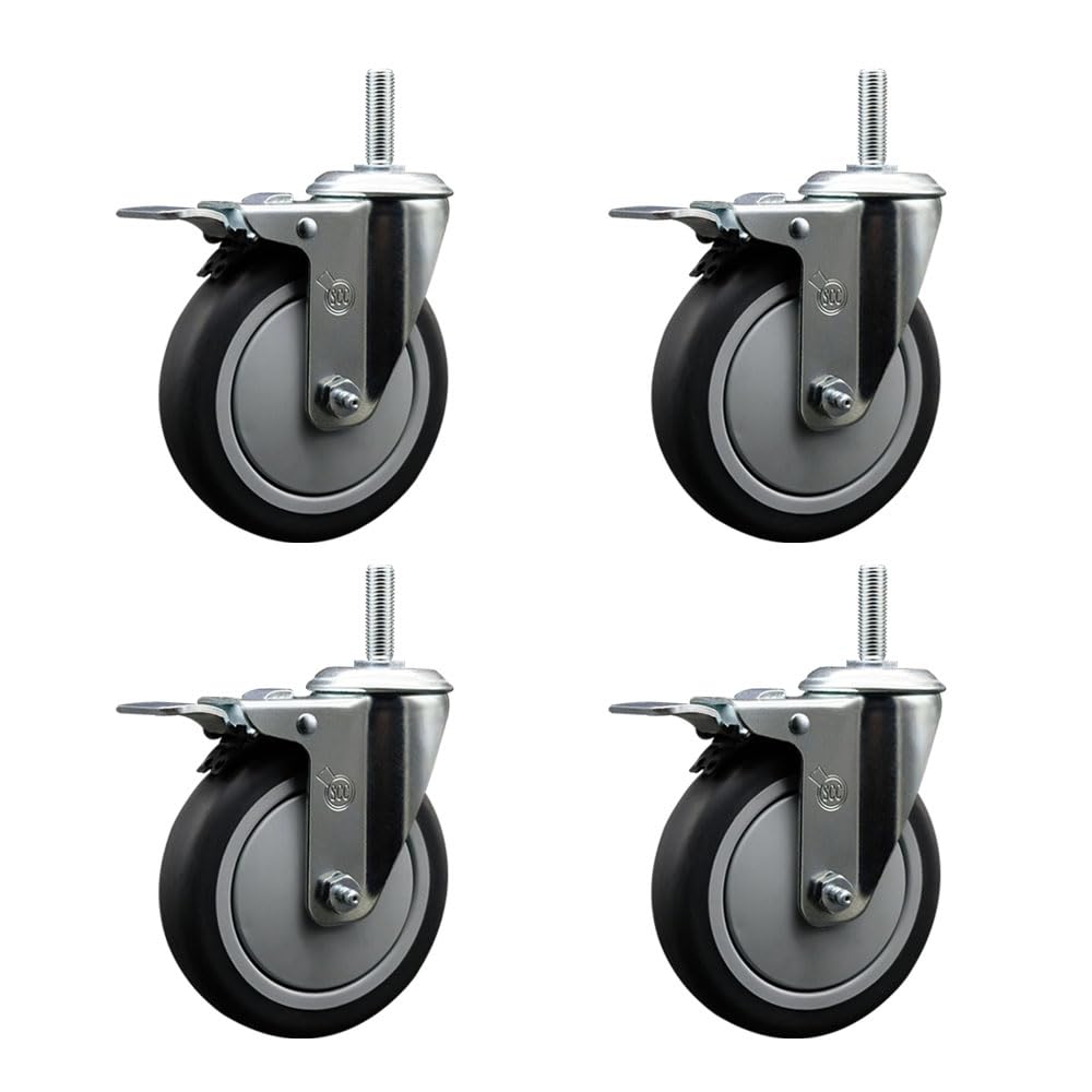 Thermoplastic Rubber Swivel Threaded Stem Caster Set of 4 w/5" x 1.25" Gray Wheels and 5/8" Stems - Includes 4 with Total Lock Brakes - 1200 lbs Total