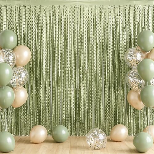 Image of TONIFUL 2Pcs Wavy Matte Sage Green Metallic Foil Fringe Curtains Streamers