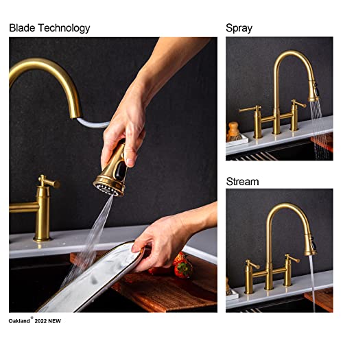 Brushed Gold Bridge Kitchen Faucet With Pull Down Sprayer, Oakland Brass Kitchen Faucet 3 Hole Spot-Resistant Lead-Free, Ksk8239-Sg #TOP6