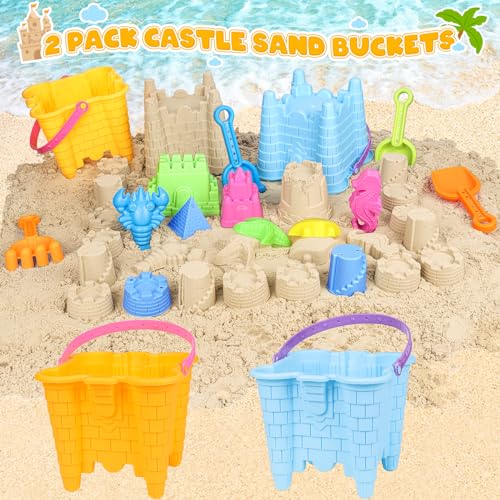 KUBUSFLY Beach Toys for Toddlers, Sand Castle Toys with 2 Sand Bucket, 2 Mesh Bag, 4 Sand Shovels & Sand Molds, Travel Sand Toys for Beach Sandbox Toys for Toddlers Kids Baby Boys Girls Age 3-10