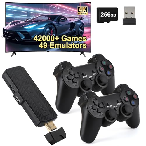 HHU Wireless Retro Game Console Stick, Plug and Play Video Controller, Pre-installed with Over 42,000 Games, 49 Emulators, 256GB Built-in Memory Card, 4K HDMI HD Output, 2 Wireless Game Controllers