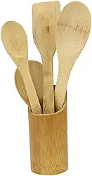 Suporte e Jogo de Utensílios de Cozinha Premium em Bambu (5 Peças) – Colheres de Bambu para Cozinhar, Servir, Casa, Presente