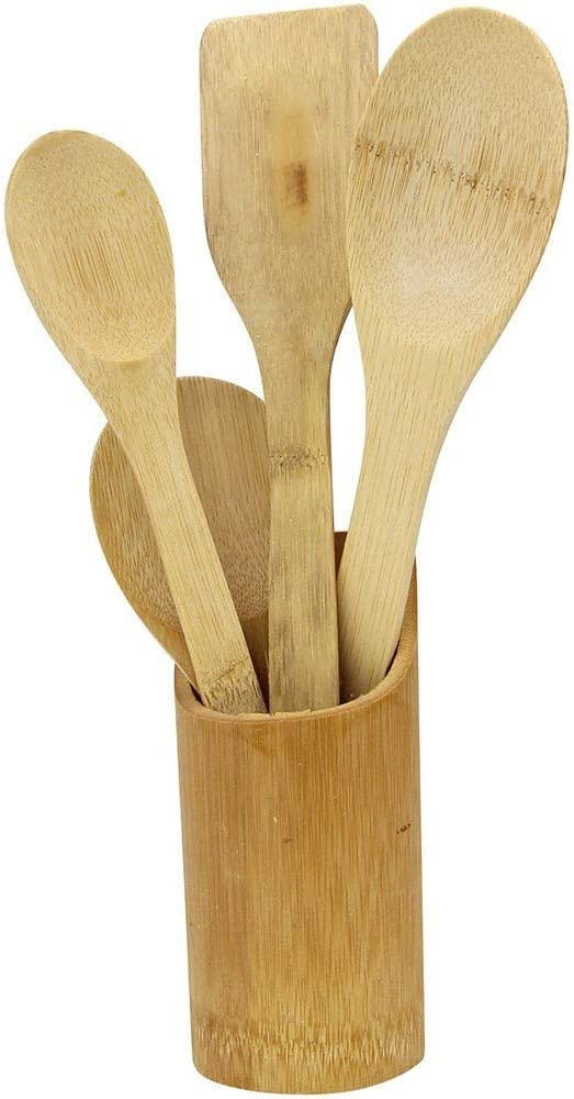Kit Colher de Pau de Bambu e Espatulas Ecologico com Suporte 5pçs