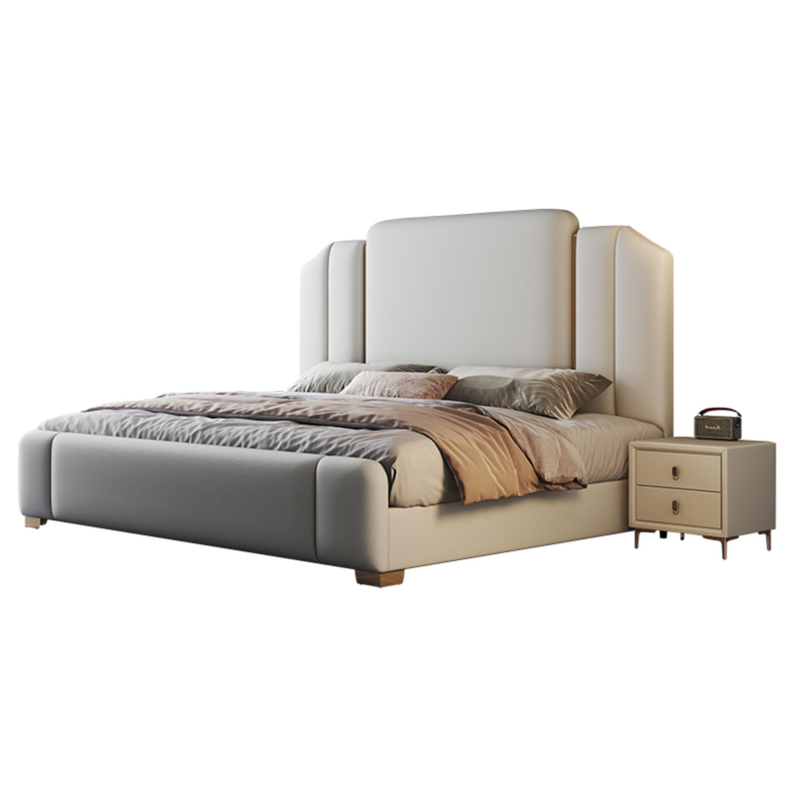 Modern King Size Genuine Leather Bed Upholstered Platform Bed Frame with Headboard and Storage Drawers No Box Spring