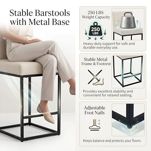 Image of HNY Modern Counter Height Bar Stools Set of 3, Linen Fabric Upholstered Bar Stool with Backs, 27 Inch Kitchen Island Stools with Black Metal Frame, Cream