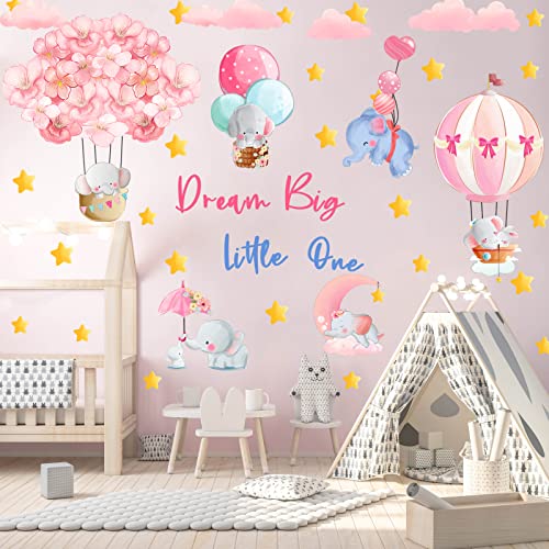 Kokolap Dream Big Little One Wall Stickers,Pink Elephant Wall Decals Nursery Decor,Flowers Hot Air Balloon Wall Sticker Baby Girl Room Decor,Cloud Stars Wall Decal For Kids Room Bedroom Playroom Decor #TOP4