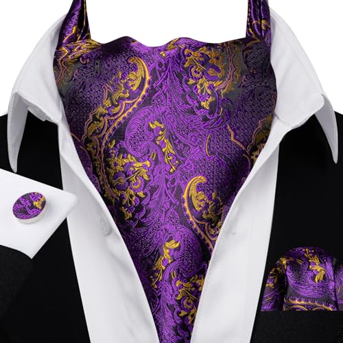 Image of Barry.Wang Ascot Ties Cravat Tie Men Paisley Plaid Scarf Self Tie Pocket Square Cufflinks Set Wedding Party