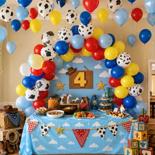 Image of HILAVO Toy Inspired Story Balloons, 12 Inch Cow Print Sky Blue Cloud Balloons Red Blue Yellow Green Balloons for Kids Boys Halloween Birthday Party Farm Themed Party Decorations