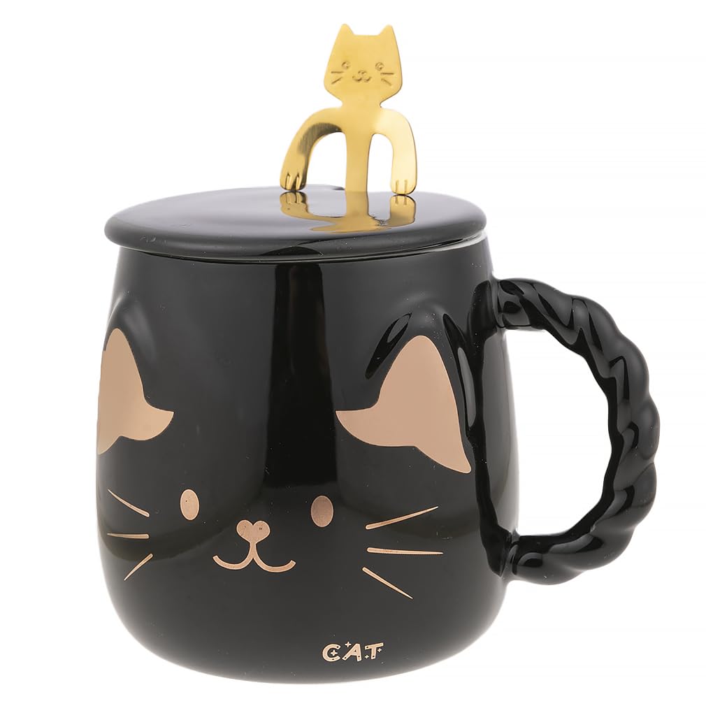 lachineuse Japanese Cat Mug with Lid and Spoon Black