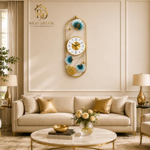 Image of Gold Metal Wall Clock for Living Room Stylish Decor | Designer Ginkgo Leaf Wall Art | Silent Non-Ticking Premium Analog Clock for Home & Bedroom