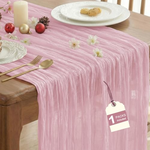 IVAPUPU 1 Pcs Cheesecloth Table Runner - 10ft Pink Boho Gauze Cheese Cloth Table Runners for Baby Shower Decoration Wedding Party Summer Garden Farmhouse Valentines Day Decorations