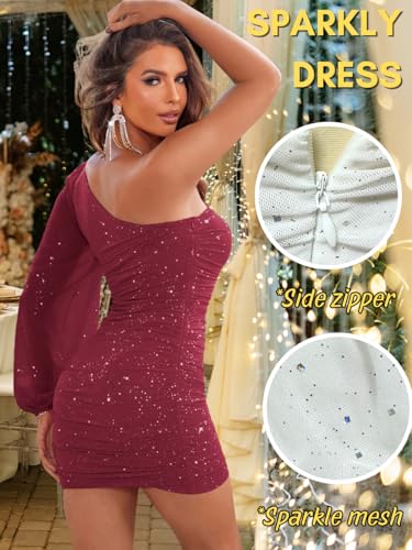 Image of ShawGobow Sparkly Outfits for Women,One Shoulder Ruched Bodycon Short Prom Dress,Sexy Dresses Cocktail Homecoming Nye