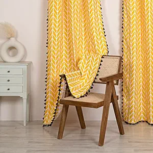 HOMEMONDE Premium Cotton Window Curtain with Luxury Fringes Bohemian Soft 5 Feet Curtains for Home Decor, Hangs with Stainless Steel Eyelet, Yellow Chevron Arrow, 60 Inches