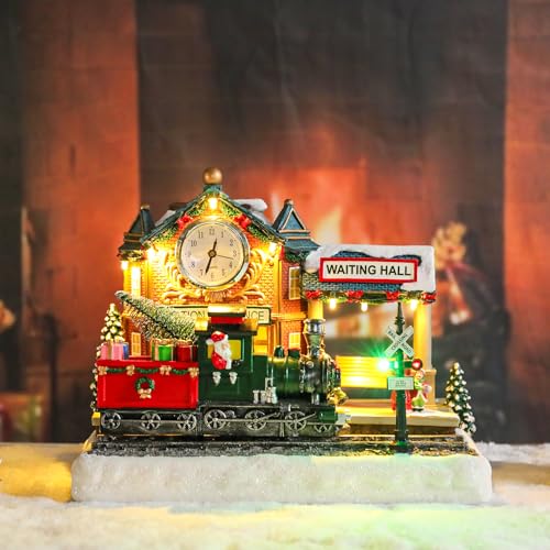 Vipush Christmas Village House Decorations Resin Railway Station Platform Home Decor Indoor Building Figurines Revolving Train with LED Light and 8 Christmas Music for Kids - Image 3