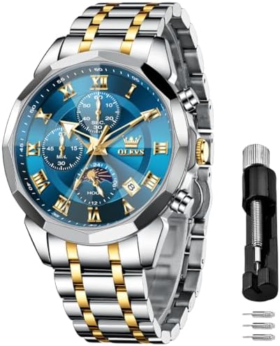 OLEVS Männer Uhr Quarz Business Luxus Uhren Multifunktion Chronograph Mondphase Leuchtend Wasserdicht Edelstahl Armbanduhr Herren