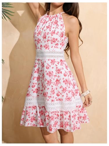 Image of Floerns Women's Contrast Lace Sleeveless Halter Dress Backless Vacation A Line Dress