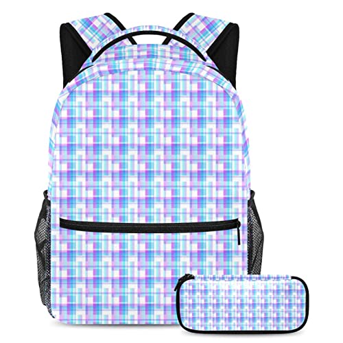 Sac à dos à carreaux croisés avec trousse assortie pour écoliers et étudiants