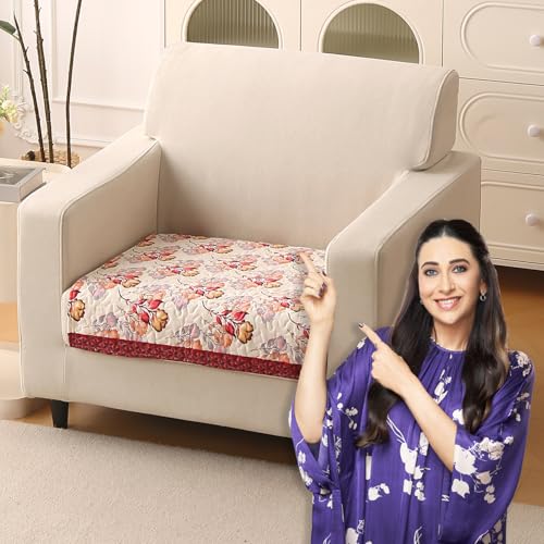 Image of HOKIPO 'Florentina Series' Premium Holland Velvet Sofa Cover Mat for 1 Seater Sofa with Foam Filling for Extra Softness, Anti-Slip Backing, Autumn Cream (IN-878-V3*1)
