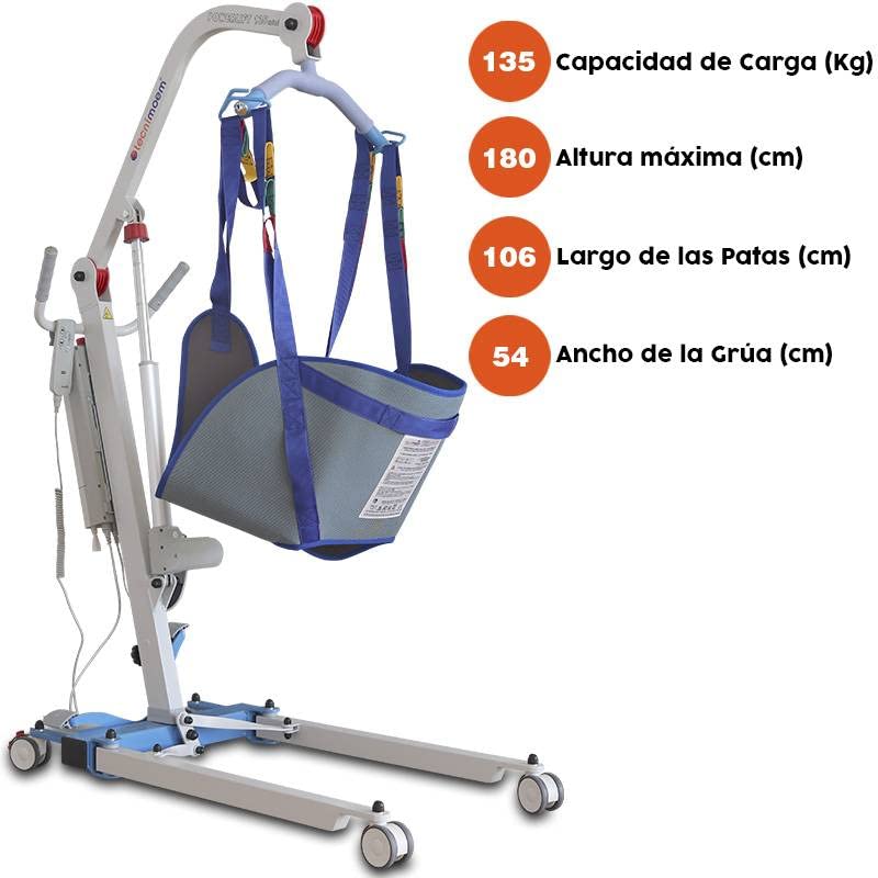 Ventadecolchones – Grúa Eléctrica para el traslado de pacientes, personas mayores, elevación cuerpo completo. Marca Española. Soporta hasta 135 Kilogramos. Arnés Incluido.