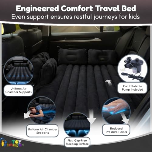 Image of Toy Imagine Car Inflatable Bed with Air Pump & 2 Pillows Quick Inflatable Back Seat Bed Car Bed for Kids, Travel, Trip, Camping, Picnic, Pool & Beach Universal Fit (Black)