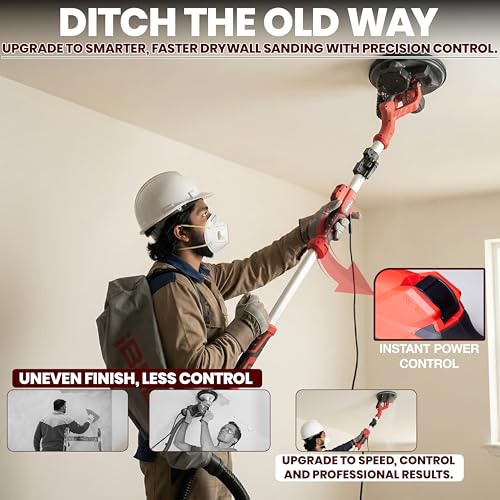 Image of IBELL IBL LS25-85 Drywall Sander 1000W Long Handle 9 inch /215mm Wall Sanding with Auto Dust Vacuum System, Foldable & Extendable Handle, 900-1800 RPM Variable Speed Ceiling Sander - 6 Months Warranty