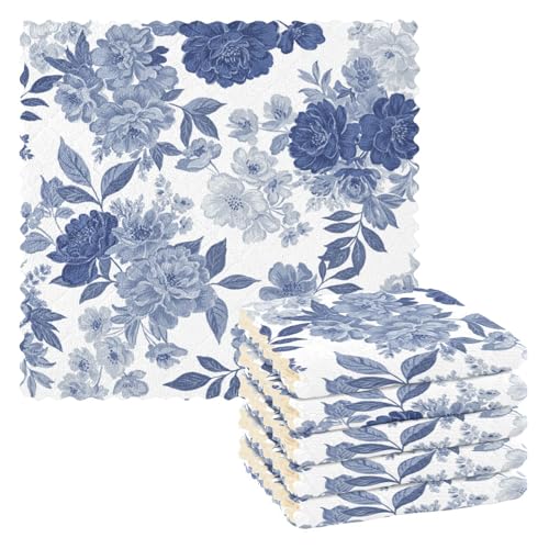 Image of Cotton Kitchen Dish Cloths, Blue Grey Flower Pattern Ultra Soft Absorbent Quick Drying Dish Towels, 11 x 11 Inches, 6-Pack, Reusable Cleaning Cloths