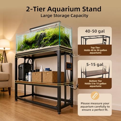 Image of 40 Gallon Tank Stand with Power Outlets - Heavy Duty Metal Fish Tank Stands for Turtle Reptile Terrarium, 2-Tier Aquarium Stand with Adjustable Wood Storage Shelf, 660LBS Capacity (Rustic Brown, 36.6 inchx18.5 inchx29 inch)