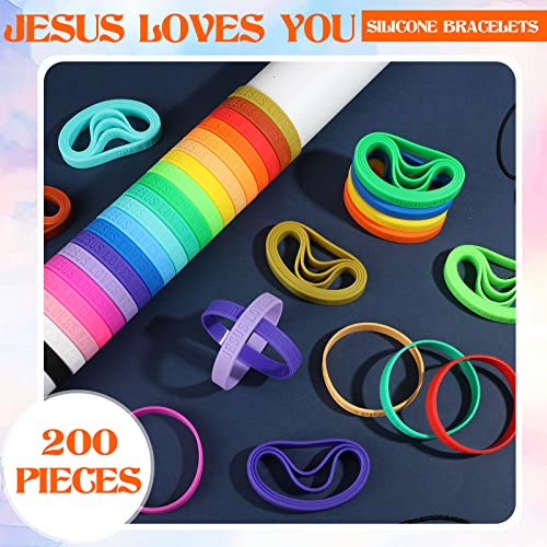 Jerify 200 Pcs Jesus Loves You Silicone Bracelet for Kids Christian Wristbands Bulk Bible Verse Rubber Bracelet Religious Colorful Bands for Men Women Party Favors Gifts School Prizes