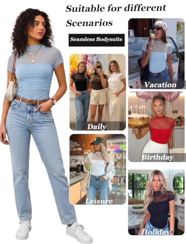 Image of Avidlove Women's Short Sleeve Bodysuit Turtle Neck Body Suits Mesh One Piece Leotard Going Out Tops Date Outfits