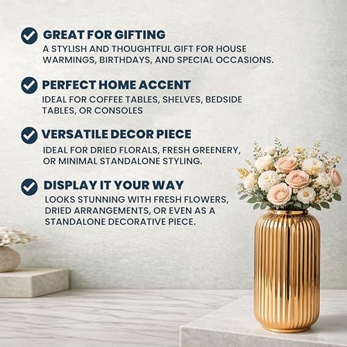 Image of Art Street Modern Ribbed Ceramic Flower Vase | Matte Golden Decorative Boho Vase for Living Room, Bedroom & Office Dcor - (Flower not Included) 5x9 Inch