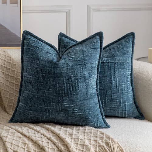 Image of MADIZZ Pack of 2 Chenille Throw Pillow Covers 16x16 Inch Blue Soft Neutral Decorative Throw Pillows for Couch Sofa Boho Accent Cushion Covers Modern Farmhouse Home Decor for Bedroom Living Room