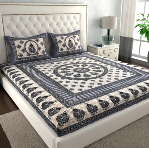 Image of Cotton Bedsheet with 2 Pillow Covers, Blue and Beige Paisley Print, Double Bed, Traditional Rajasthani Design, 235x215 cm, 3 Piece Set