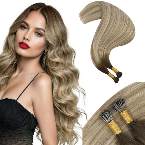 Image of Moresoo Itip Human Hair Extensions Brown Gold Blonde Balayage 14 Inch | 40g 50 strands, lightweight individual placement, i tip hair extensions for fine hair, daily wear and office styling